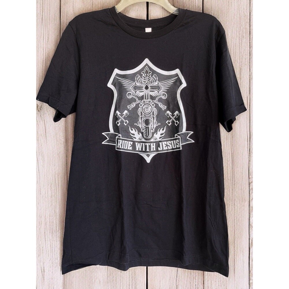 Black Tee T-Shirt Unisex Ride With Jesus Biker Motorcycle Christian Religious L
